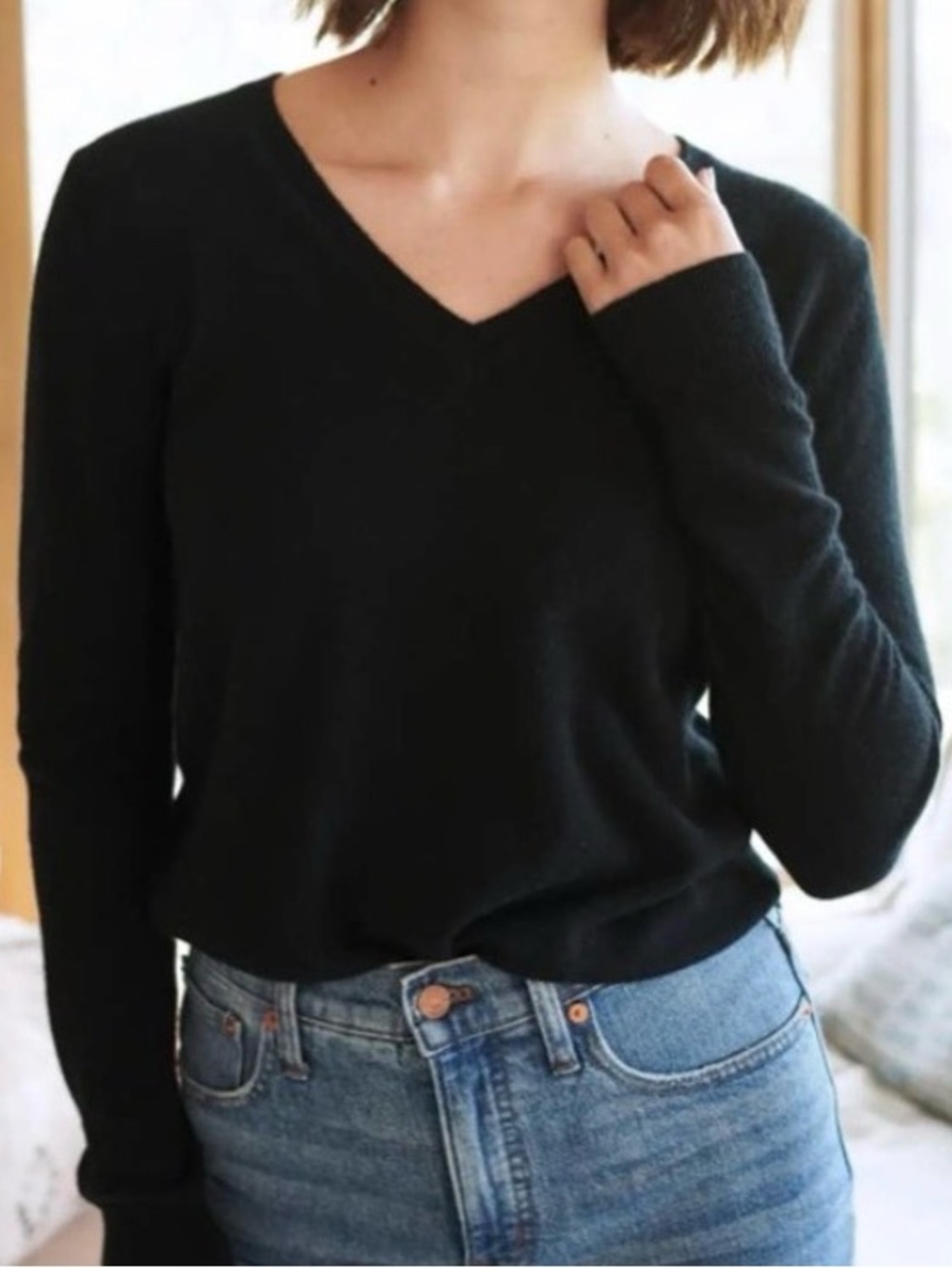 Quince Black Cotton/Cashmere V-Neck Sweater classic closet capsule staple S